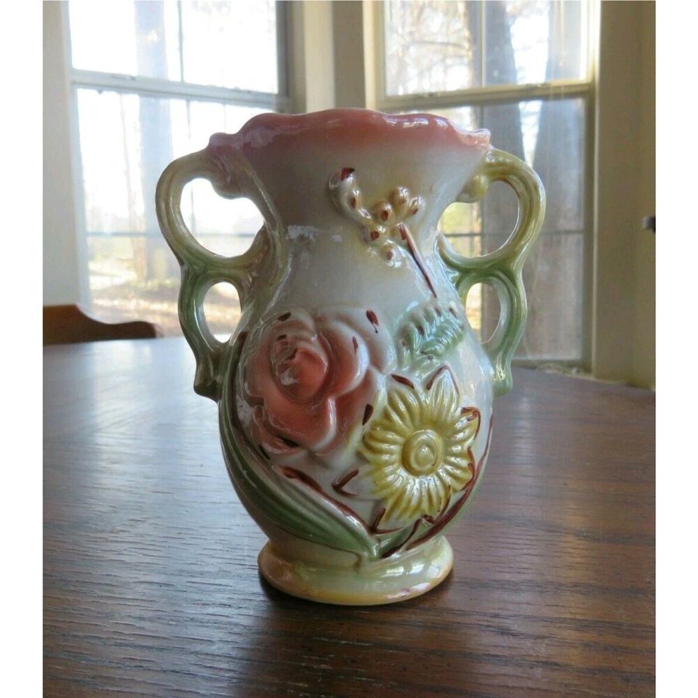 Vintage Brazil Lustreware Double Handle Floral Vase #421 Pink Green Ceramic 5.25